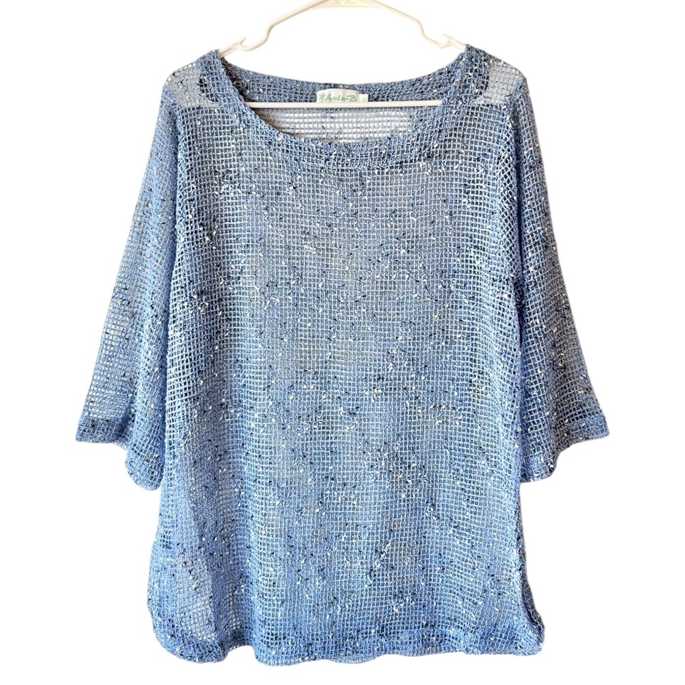 Lulu-B Blue Sheer Open Knit Crochet Boho Tropical Resort Top Swim Cover Up
